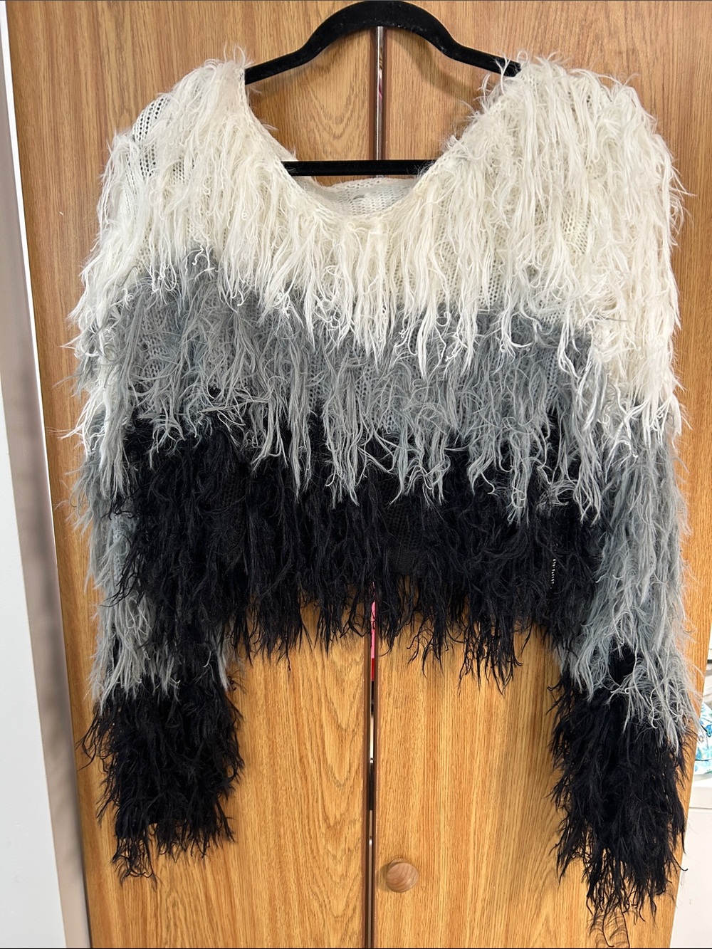 Source Unknown Ombre Faux-Fur Shaggy Sweater in White, Gray & Black